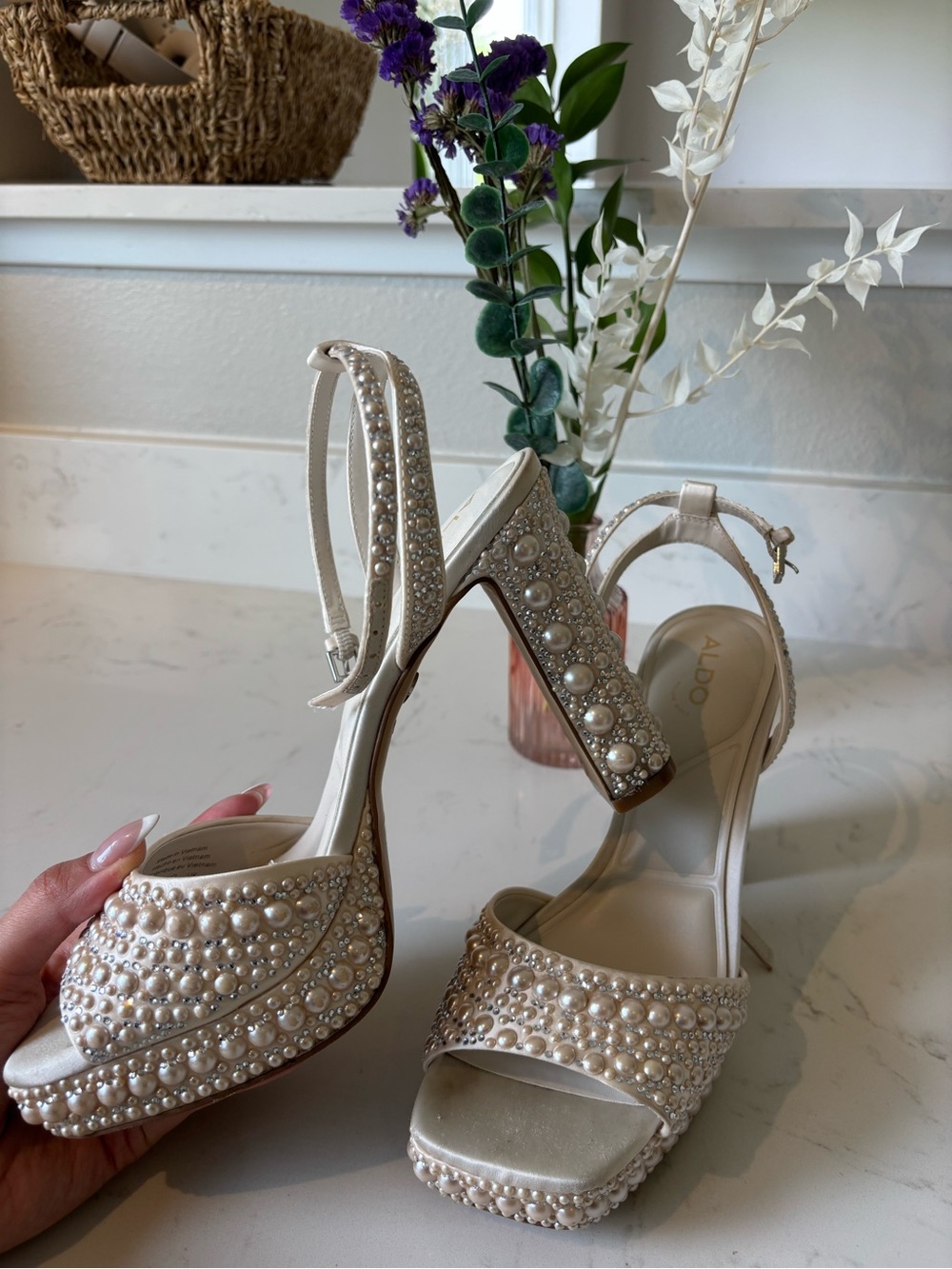 ALDO Pearl-Embellished Cream Platform Sandals